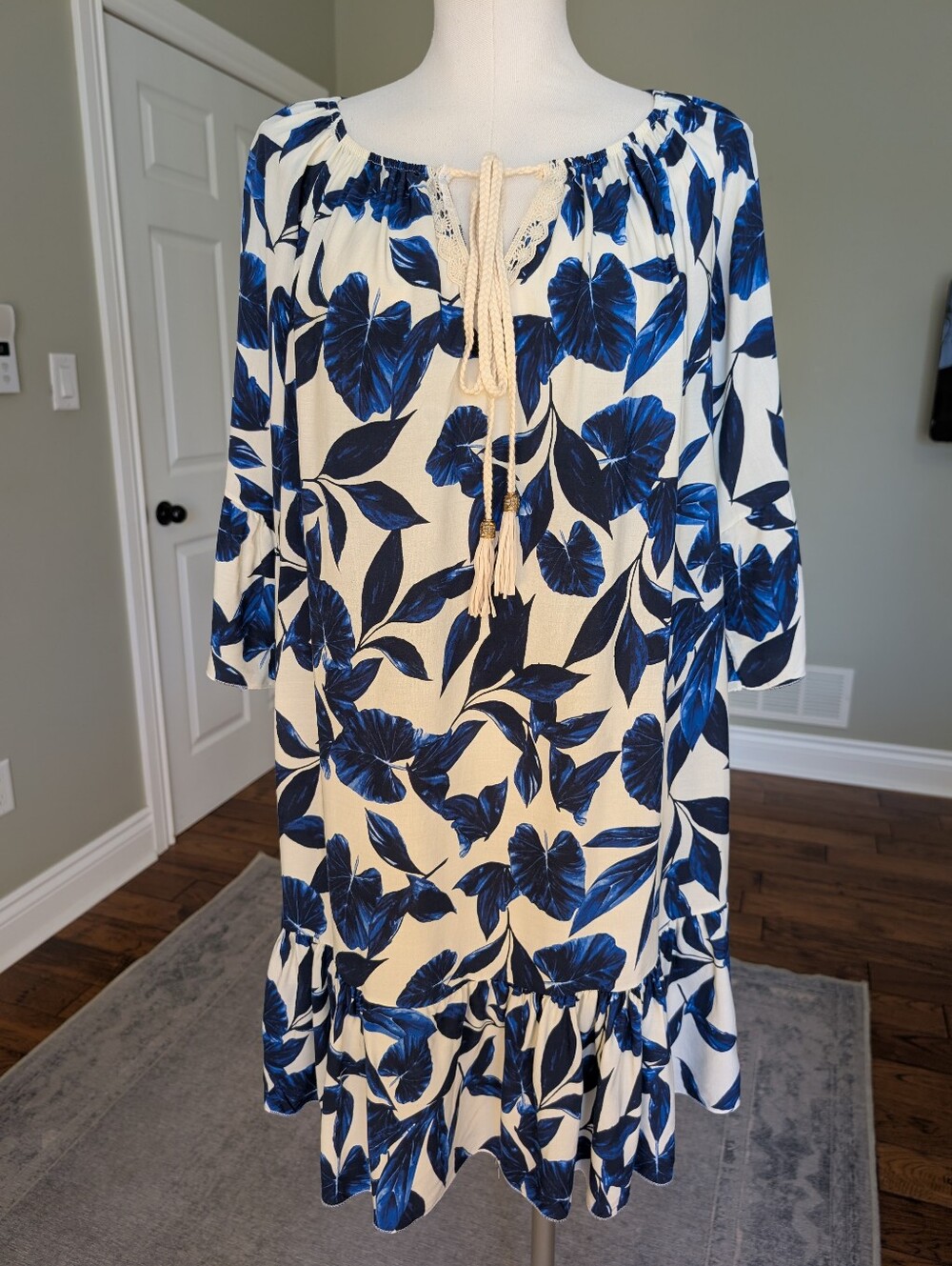 Made in Italy Blue Botanical Leaf Print Boho Dress One Size
